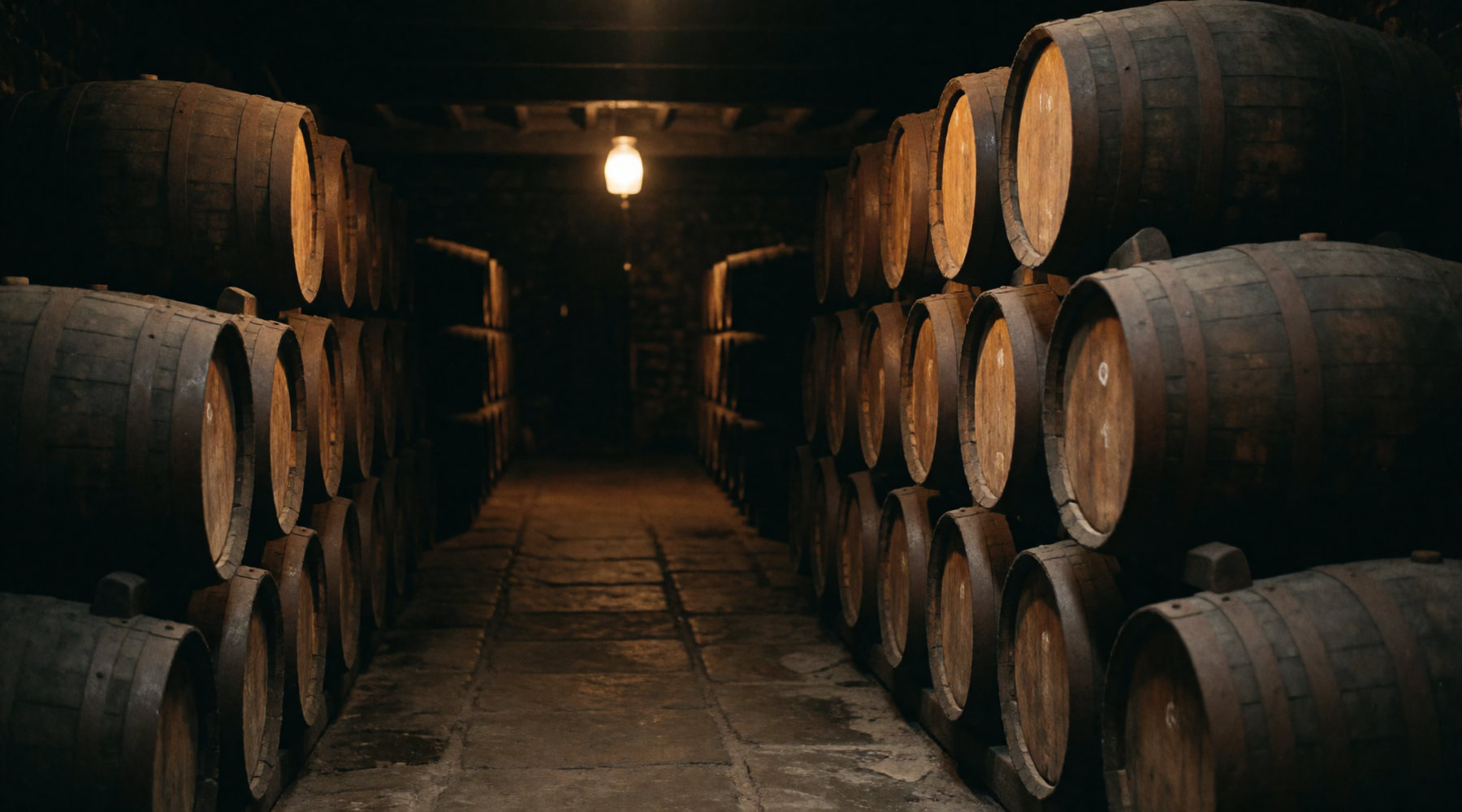 Casks racked in a dark dunnage warehouse.