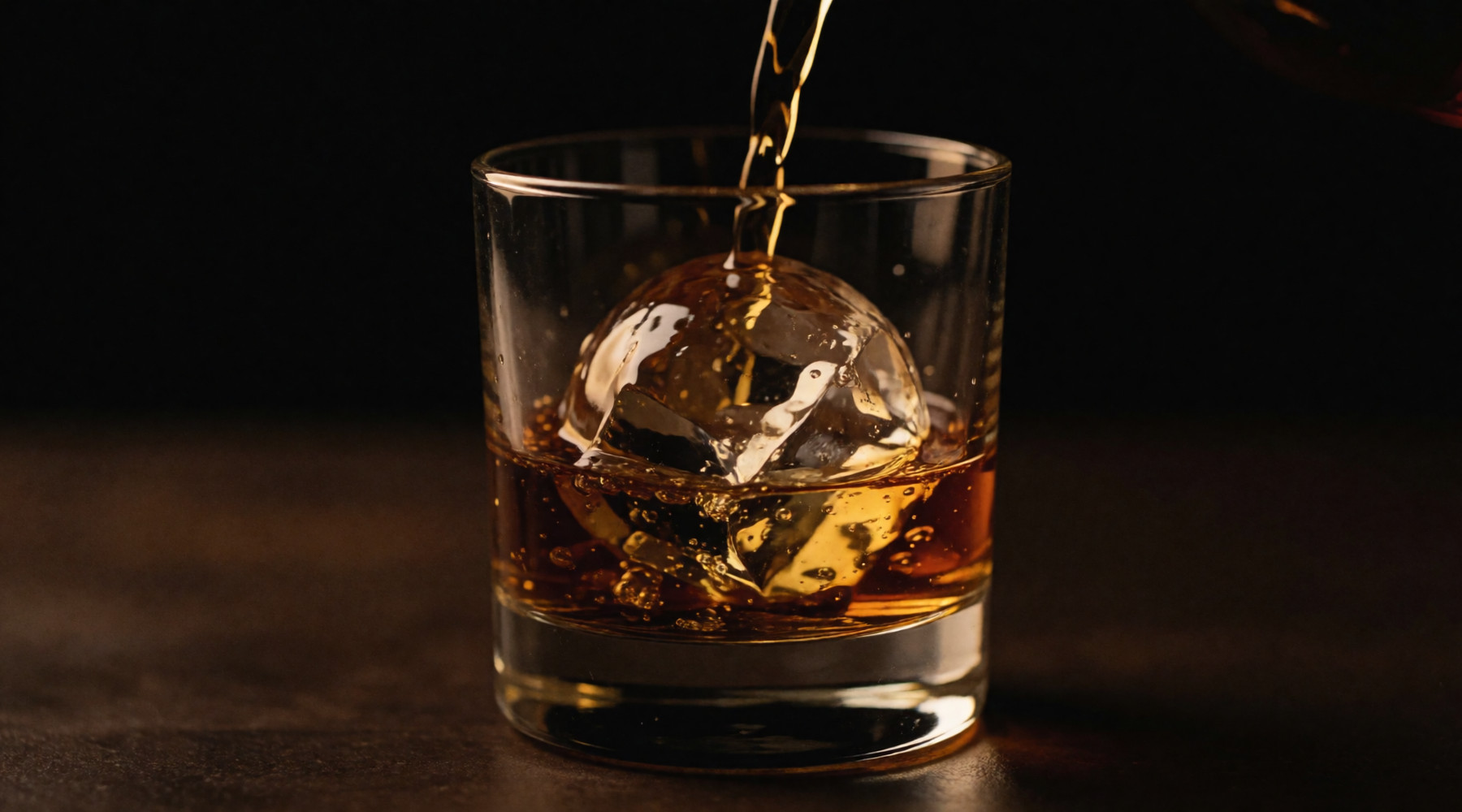 A clear ice sphere in a heavy tumbler as whisky is poured over it.